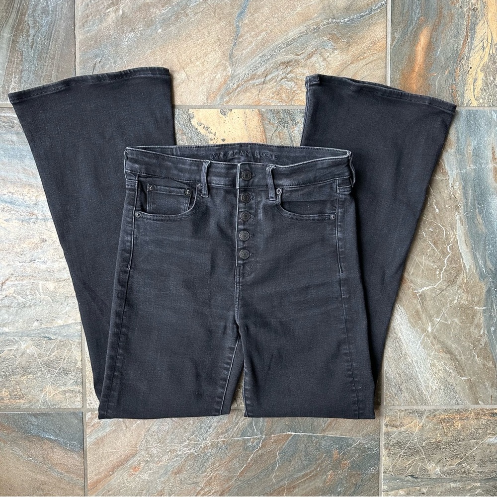 American Eagle Outfitters Black High-Rise Button-Fly Flare Jeans